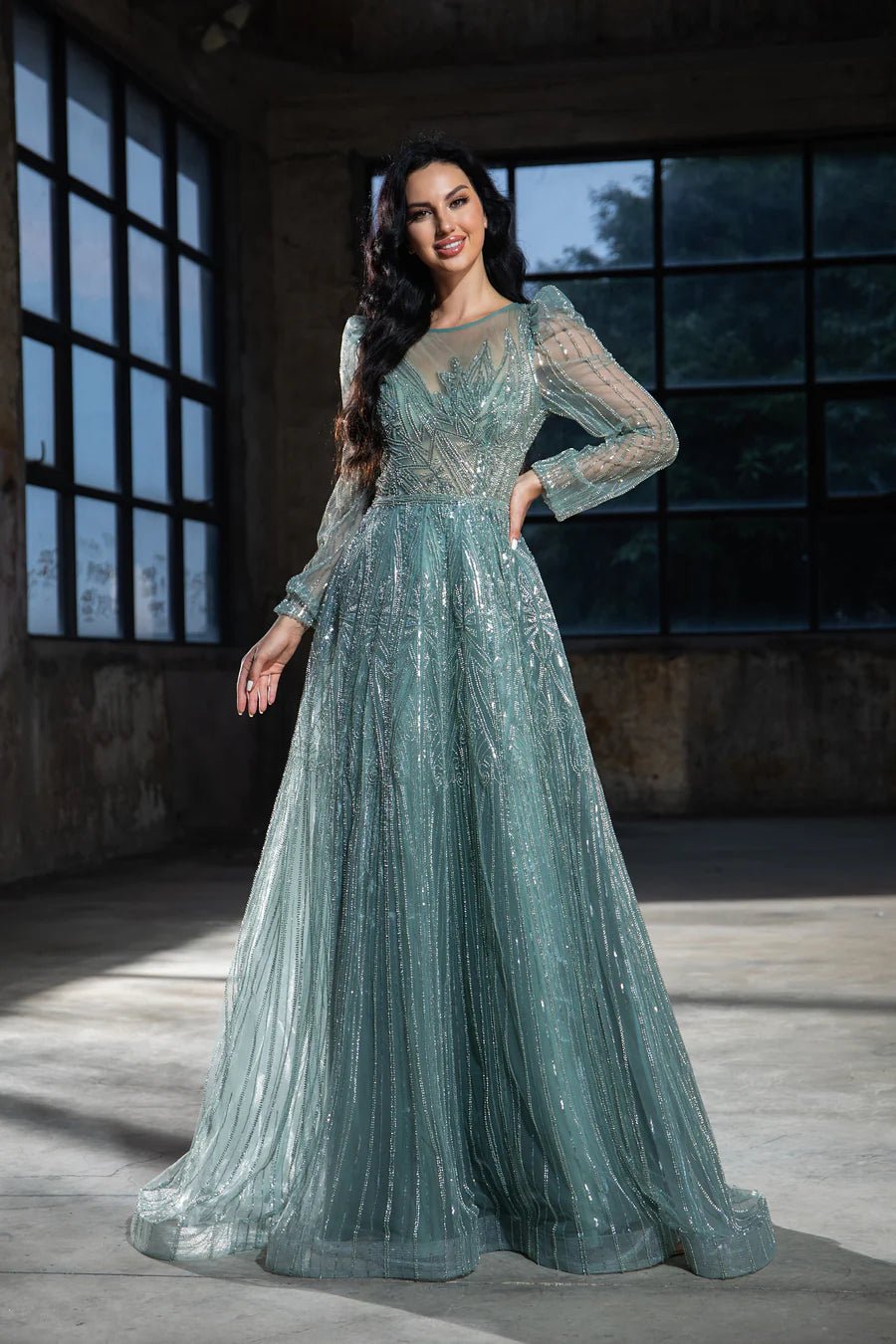 Elegant Teal Sequin Evening Gown with Sheer Long Sleeves Designer Sequin Dress and Pretty Sequin Dress Plus Size