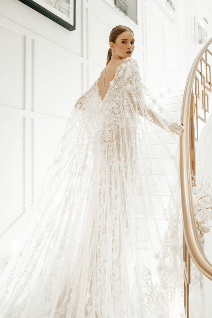 Elegant Tulle Mermaid Wedding Dress and Convertible Cape - Floral Applique Wedding Dress with Long Sleeves Plus Size - ELISSA - WonderlandByLilian