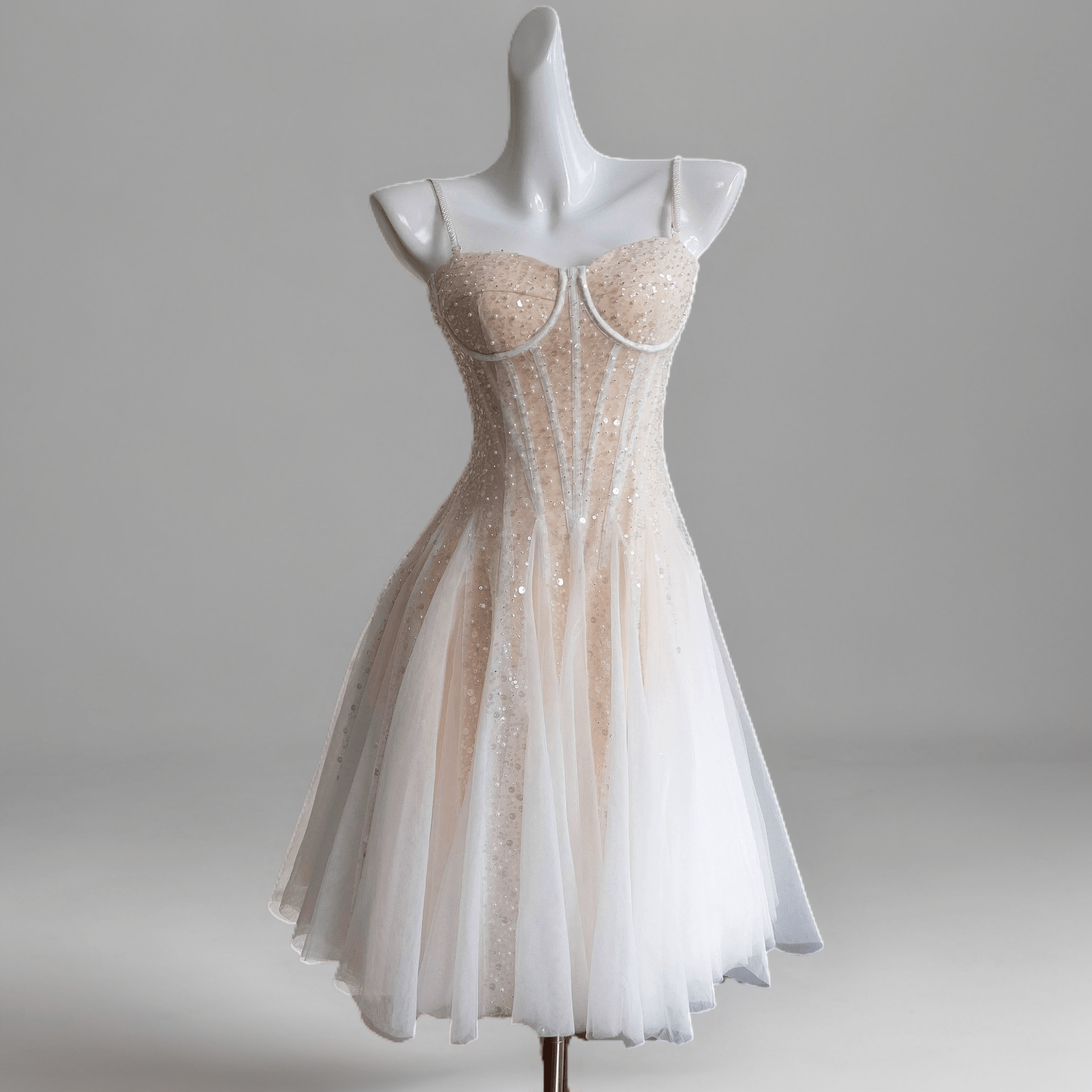 Elegant White and Champagne Strapless Short Wedding Party Dress - Tulle and Satin Corset Bridal Gown Plus Size Size 10 / White Elegant White and Champagne Strapless Short Wedding Party Dress - Tulle and Satin Corset Bridal Gown Plus Size Size 10 / White