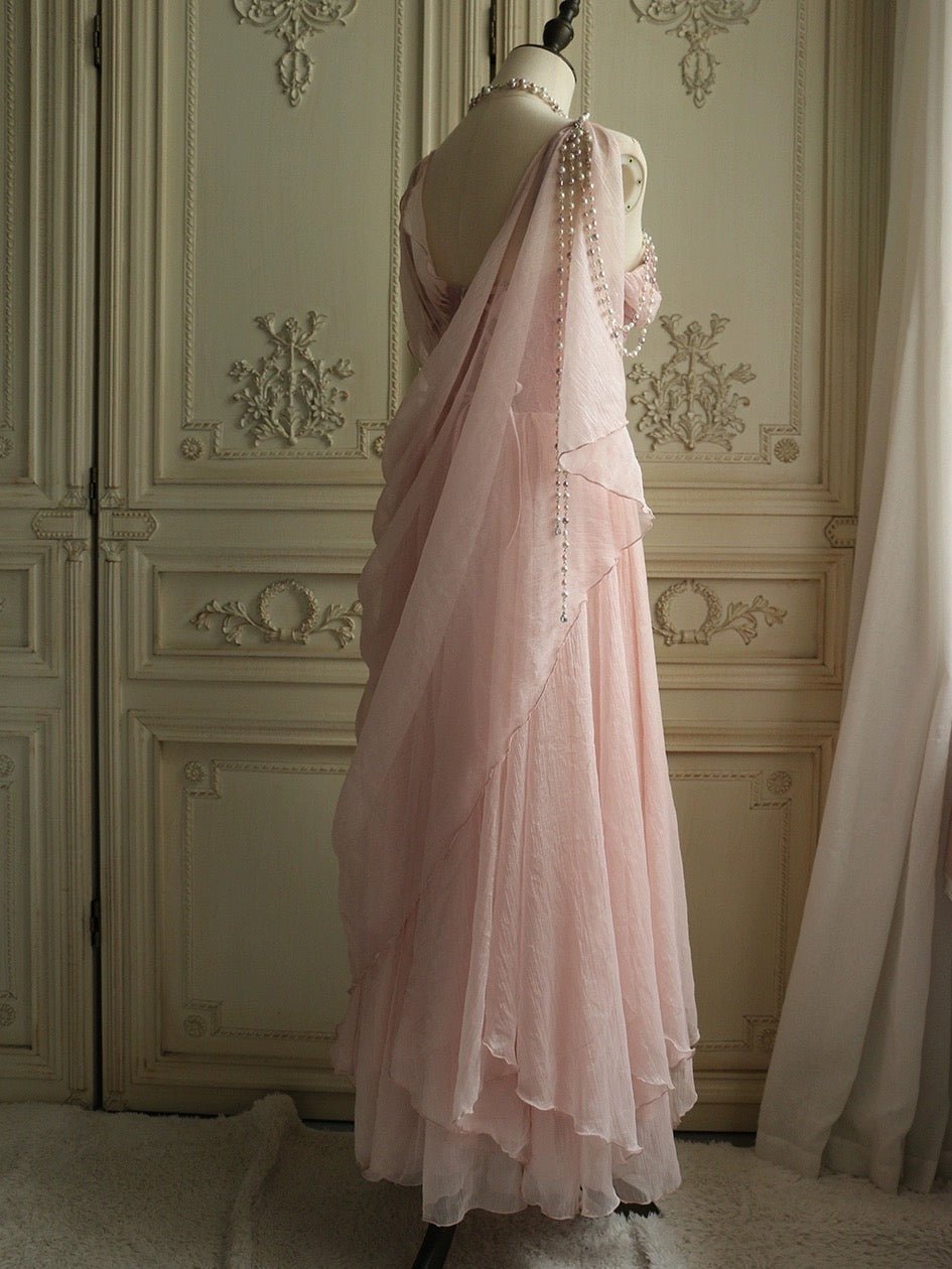 Elegant Pink Fantasy Dress - Fairy Evening Dress with Draped Pearls Plus Size - WonderlandByLilian