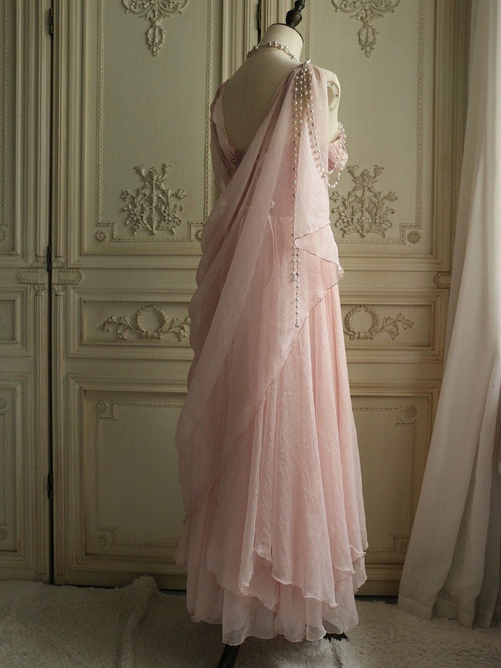 Elegant Pink Fantasy Dress - Fairy Evening Dress with Draped Pearls Plus Size - WonderlandByLilian