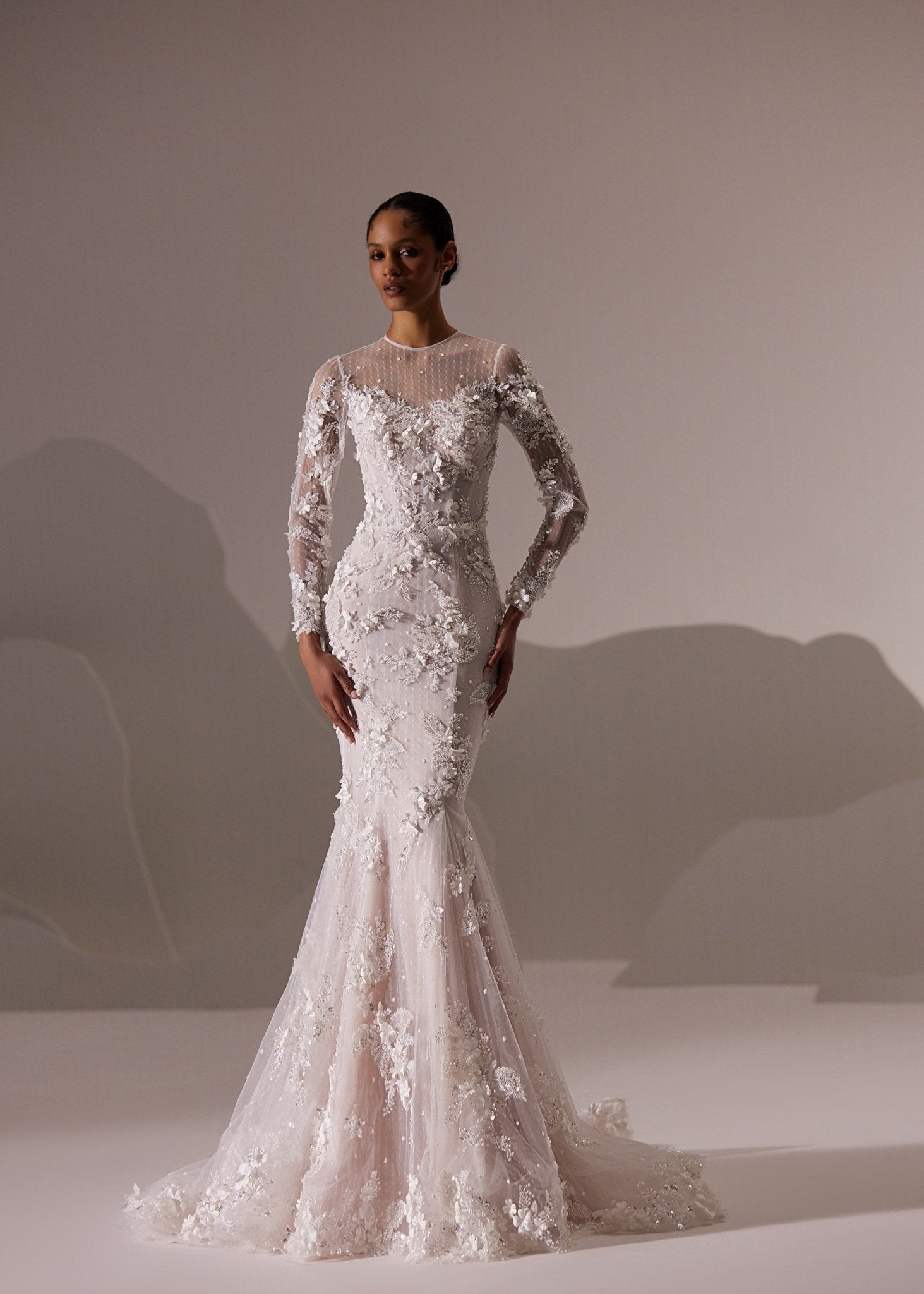 elena long sleeve dress White Long Sleeve Lace Mermaid Wedding Dress with High Neck, Intricate Floral Detailing, and Floor-Length Train