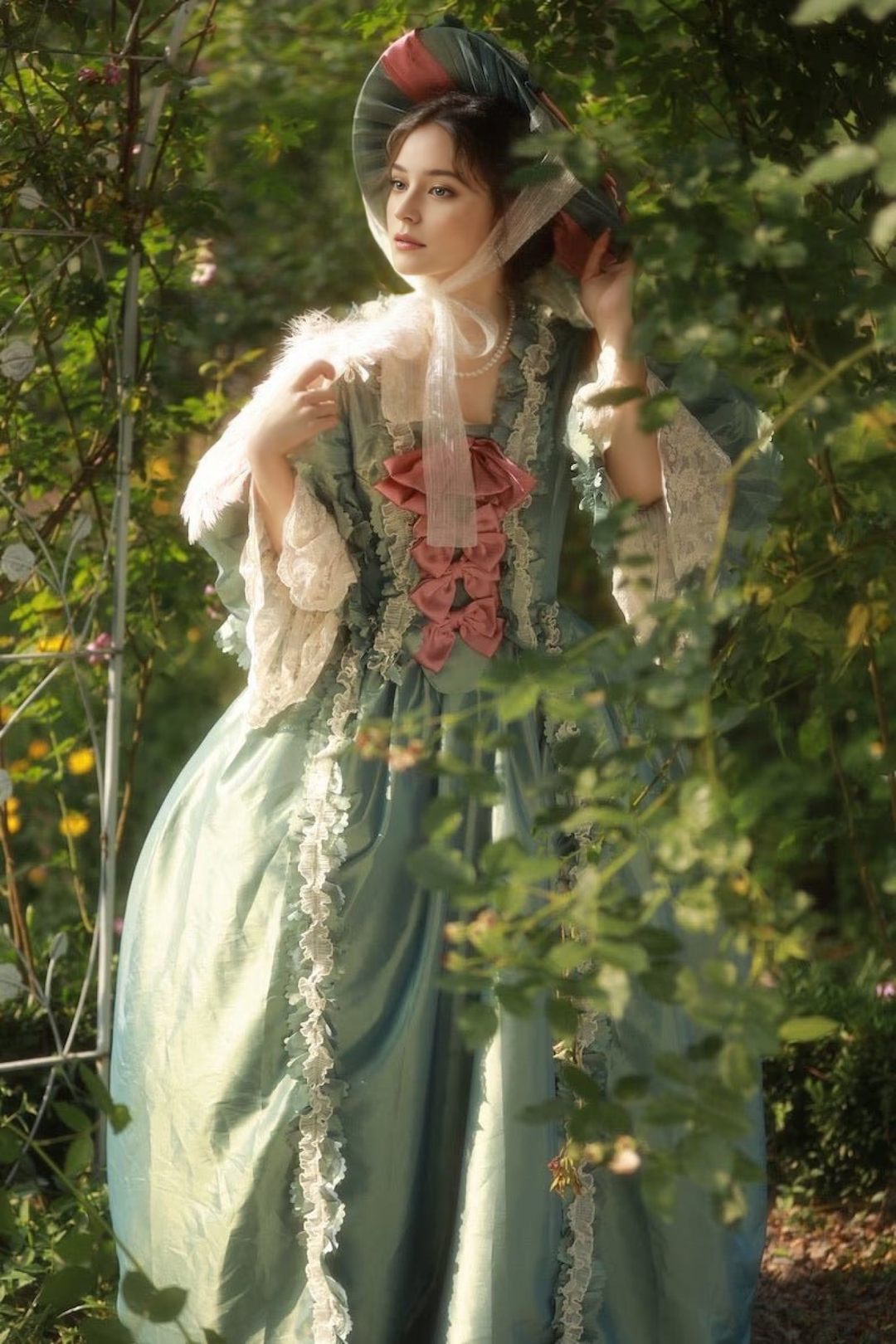 Emerald Green and Pink Rococo Dress – Enchanted Forest Floral Ball Gown with Marie Antoinette Elegance and Baroque Wedding Dress Plus Size