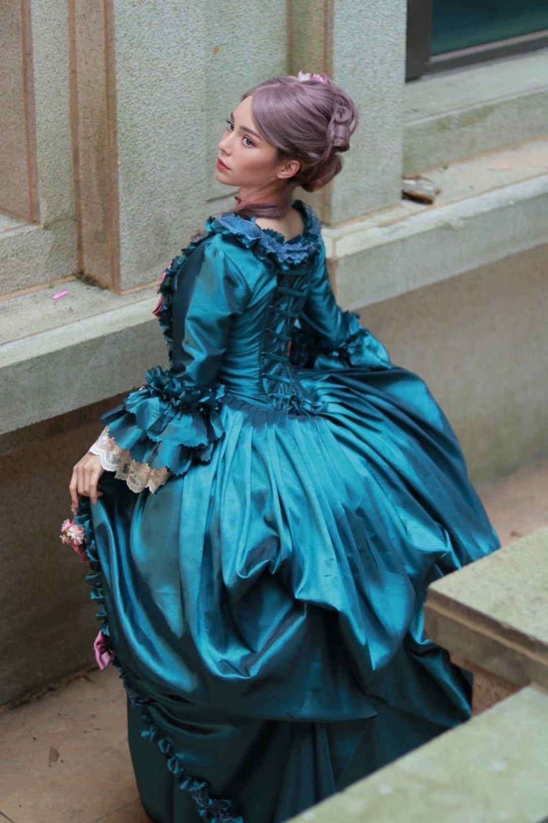 Emerald Green Floral Adorned Rococo Style Dress with Majestic Opulence and Victorian Ball Gown Flourish Plus Size