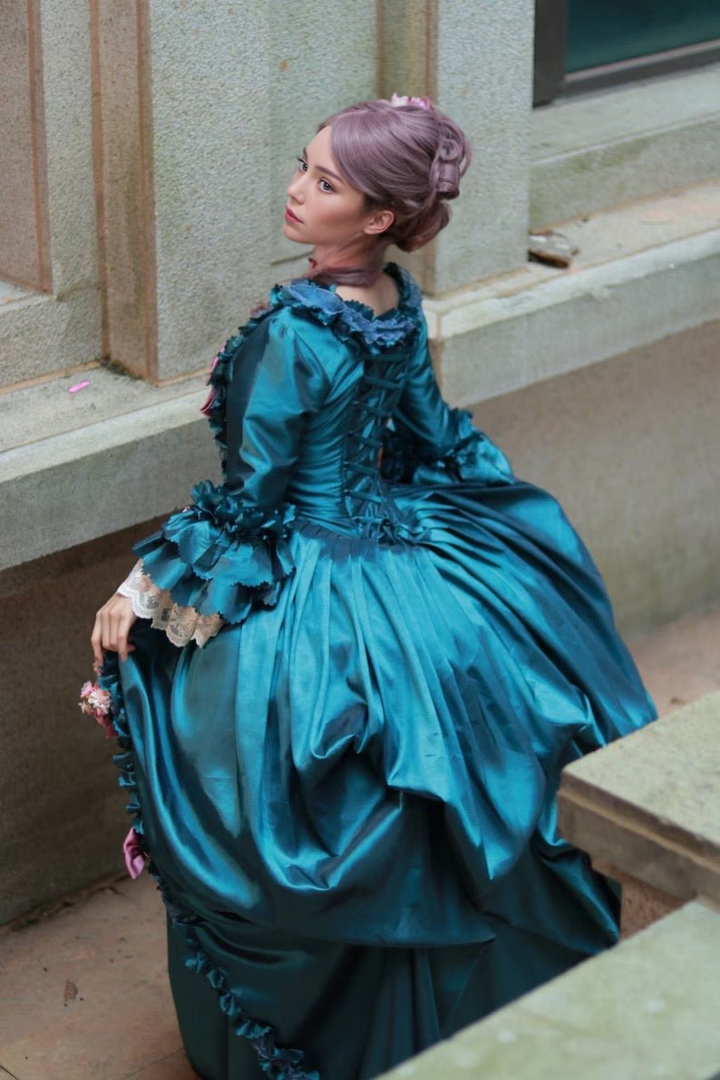 Emerald Green Floral Adorned Rococo Style Dress with Majestic Opulence and Victorian Ball Gown Flourish Plus Size