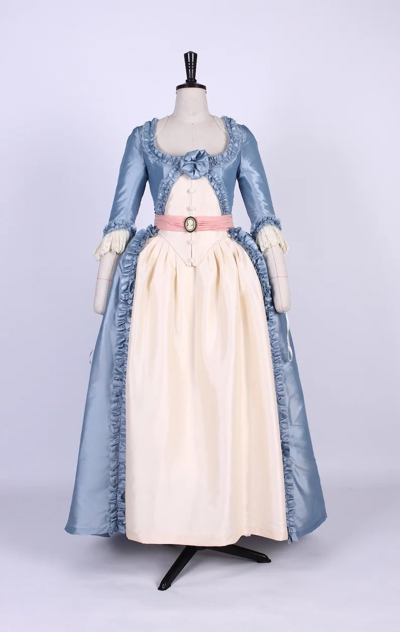Enchanted Blue Rococo Dress with Pink Bow Accent - Victorian Ball Gown Plus Size Size 26W / Blue Enchanted Blue Rococo Dress with Pink Bow Accent - Victorian Ball Gown Plus Size Size 26W / Blue