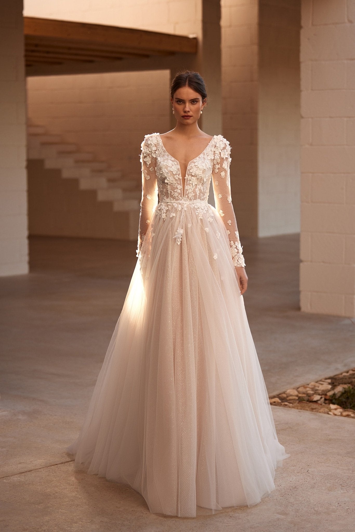 Enchanted Floral Appliqu Wedding Dress with Plunging Neckline and Sheer Sleeves Plus Size Size 8 Enchanted Floral Appliqu Wedding Dress with Plunging Neckline and Sheer Sleeves Plus Size Size 8