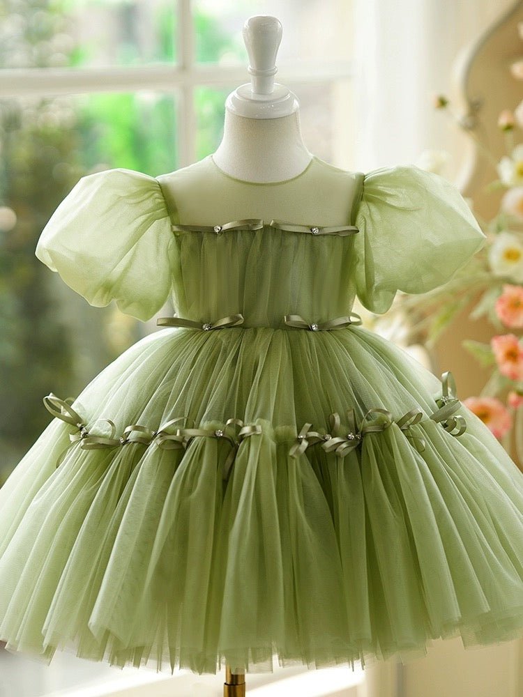 Enchanted Sage Green Tulle Flower Girl Dress with Crystal Embellishments – Plus Size 4Y
