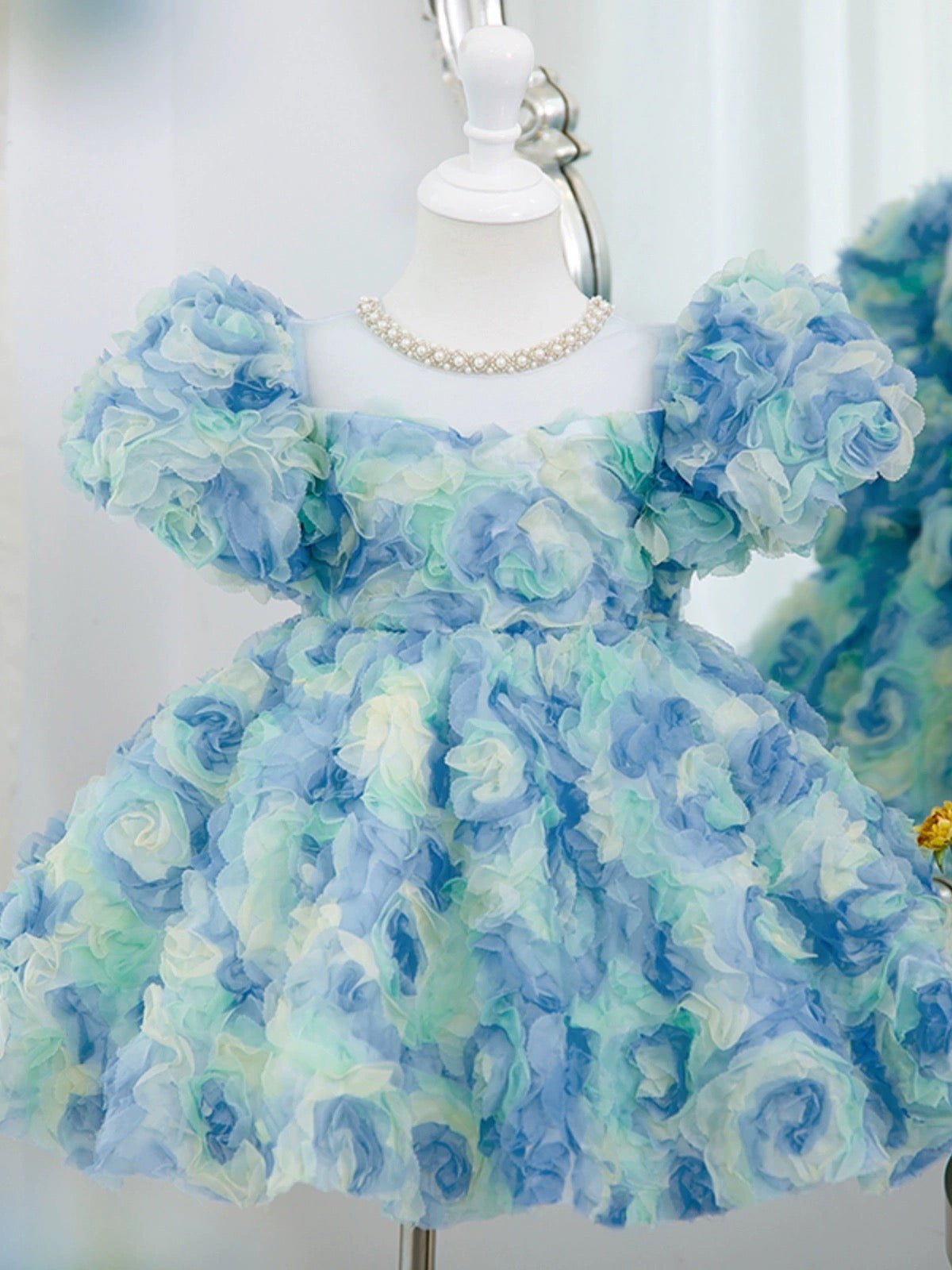 Enchanting Blue and Green Floral Tulle Dress – Plus Size