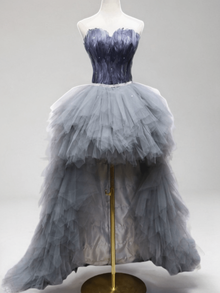 Enchanting Gray Feathered High-Low Wedding Dress - Layered Tulle Ruffle Gown - Strapless Corset Bridal Gown Plus Size Size 16W / Gray Enchanting Gray Feathered High-Low Wedding Dress - Layered Tulle Ruffle Gown - Strapless Corset Bridal Gown Plus Size Size 16W / Gray
