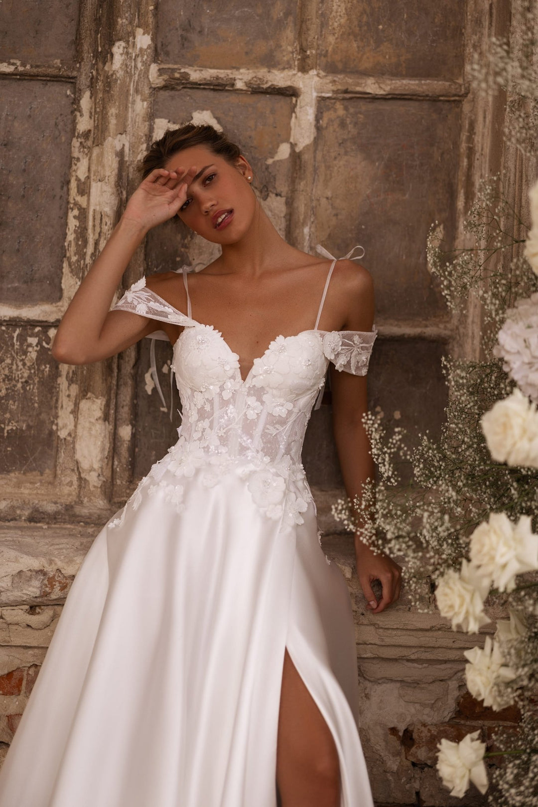 Enchanting Ivory A-Line Wedding Dress with Floral Corset and Delicate Shoulder Bows Plus Size - WonderlandByLilian