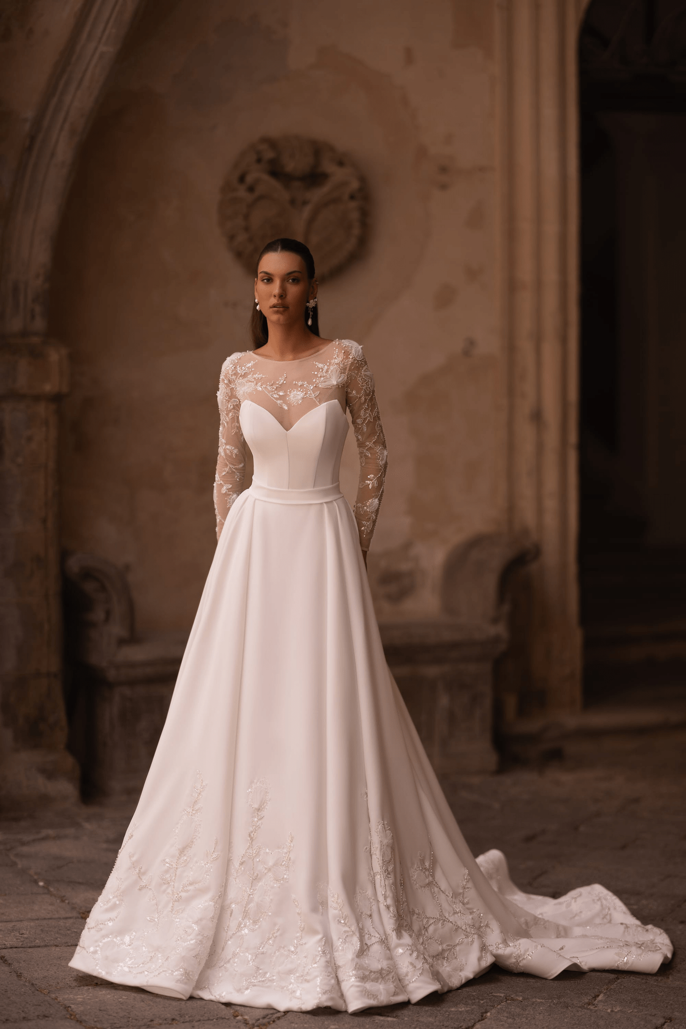Exquisite A-Line Wedding Dress with Lace Sleeves - Embellished Wedding Gown Plus Size Size 12 Exquisite A-Line Wedding Dress with Lace Sleeves - Embellished Wedding Gown Plus Size Size 12