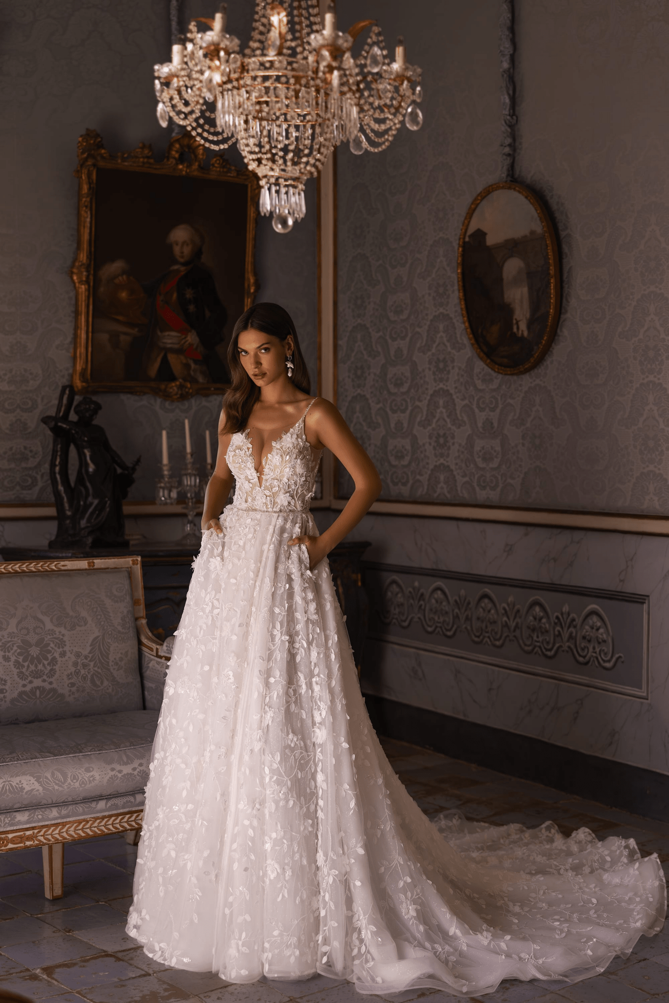 a line wedding dress with pockets Exquisite Lace Gown Pull-On Ankle Pant with Back Pockets Scoop Waistline Jadore – Windsor & Size:uS 2