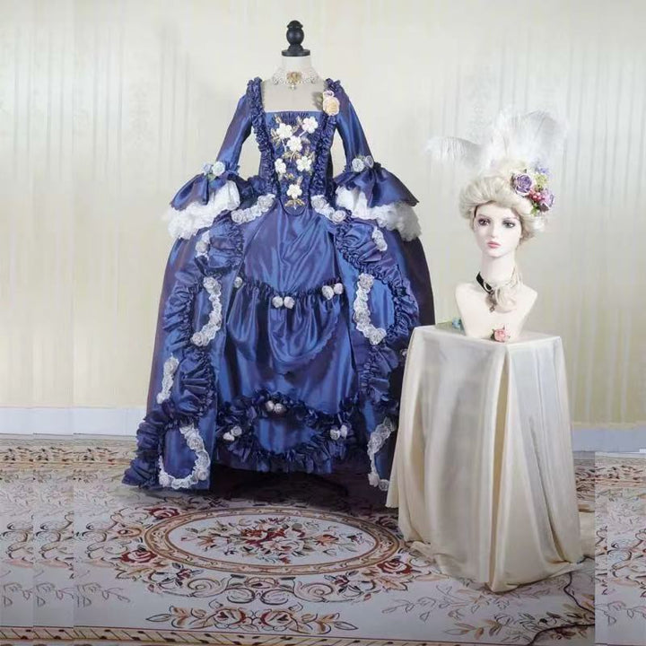 Royal Blue Rococo Ball Gown with Floral Lace and Ruffled Detailing – Victorian-Inspired Wedding Dress with Long Sleeves Plus Size