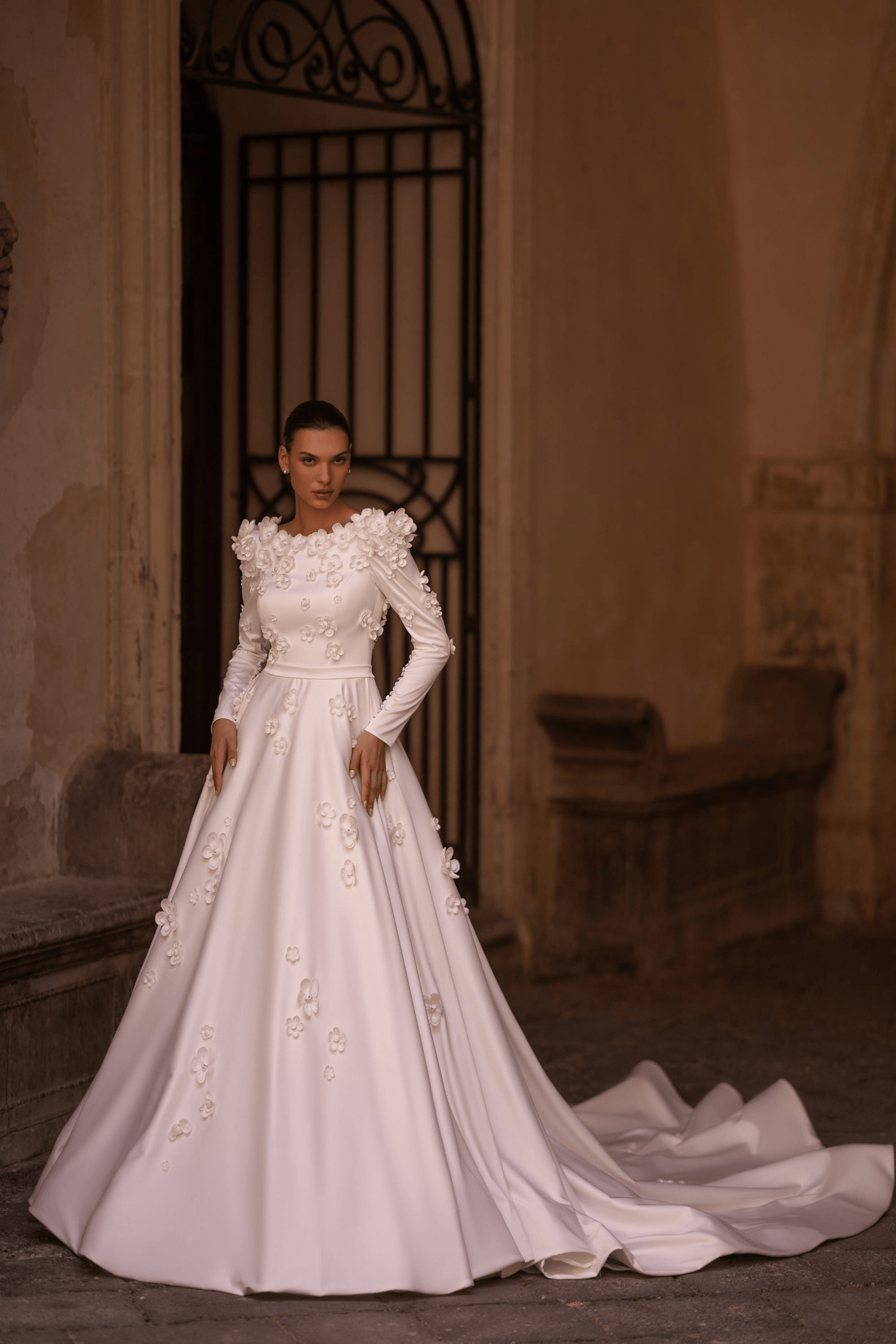 Floral Embellished Gown with Long Sleeves and Train