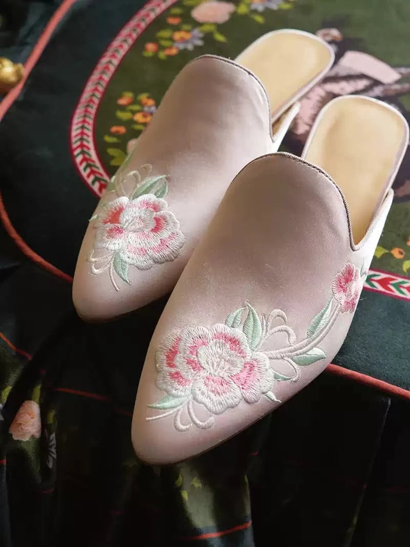 Floral Embroidered Satin Mules - Vintage Inspired Shoes - WonderlandByLilian
