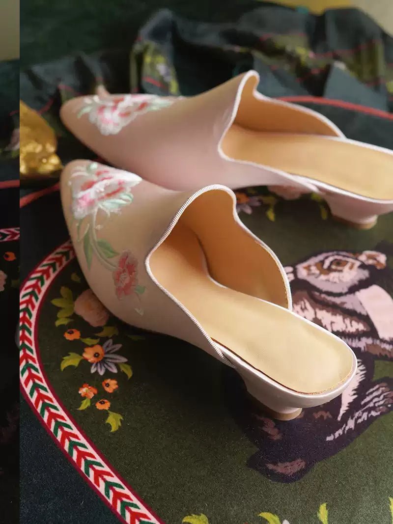 Floral Embroidered Satin Mules - Vintage Inspired Shoes - WonderlandByLilian