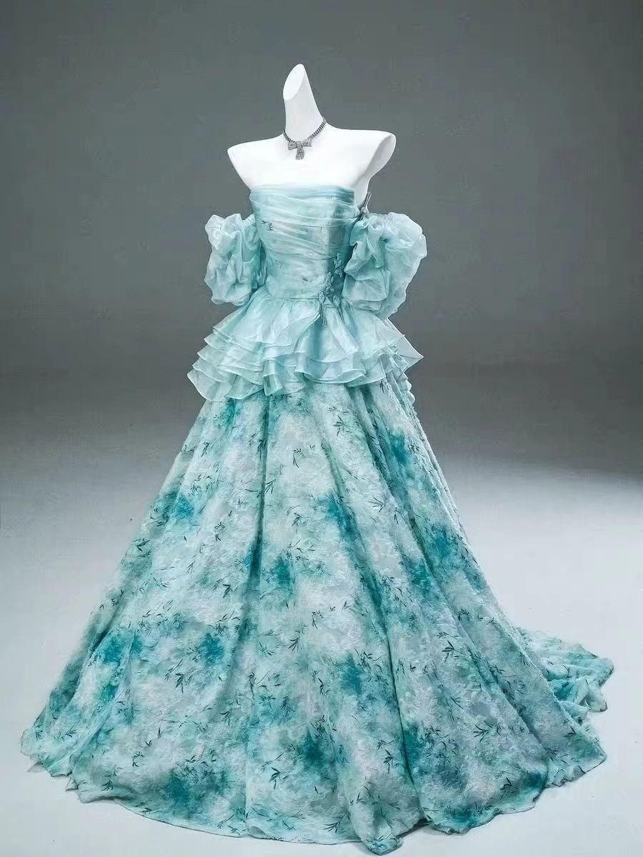 Aqua Blue Floral Off-Shoulder Vintage Ball Gown Evening Dress Plus Size