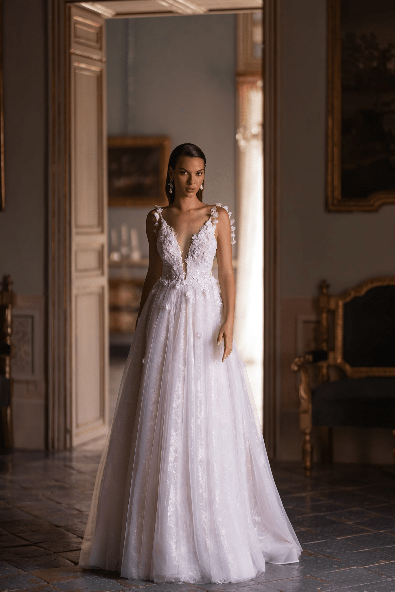 Floral Wedding Dress and Embellished Wedding Dress with Deep V-Neck