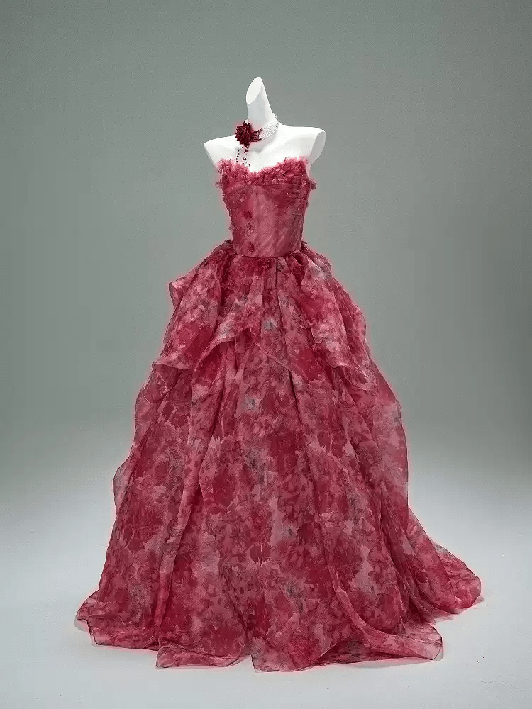Flower Ball Gown Red Prom Dress – Strapless Evening Dress with Draped Floral Tulle Skirt Plus Size