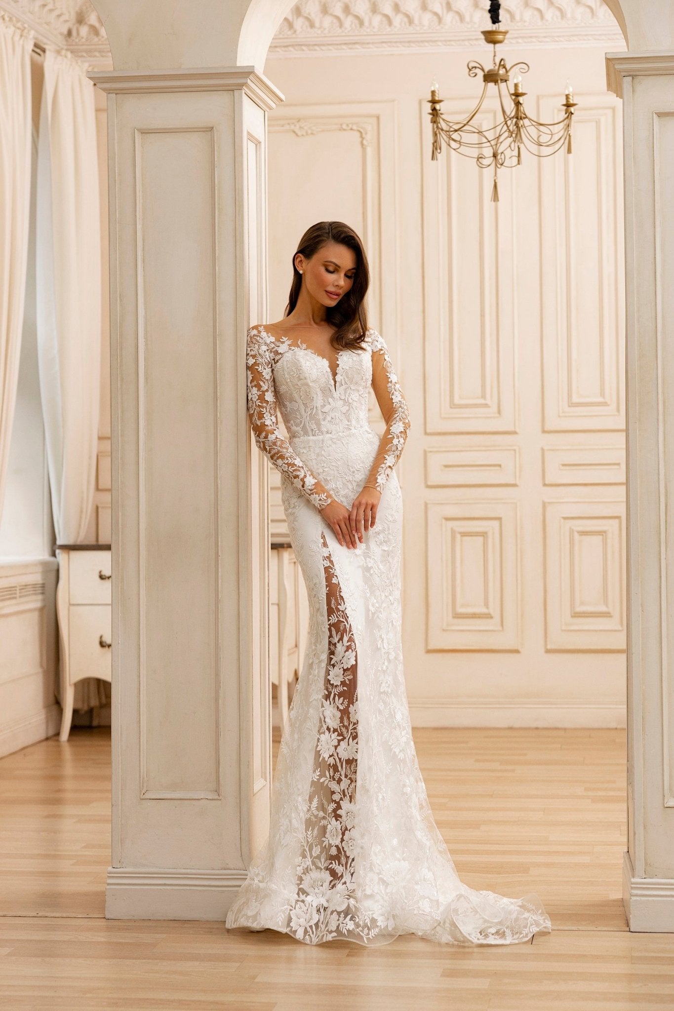 Form Fitting Lace Applique Bridal Gown with Long Sleeves and High Slit WonderlandByLilian