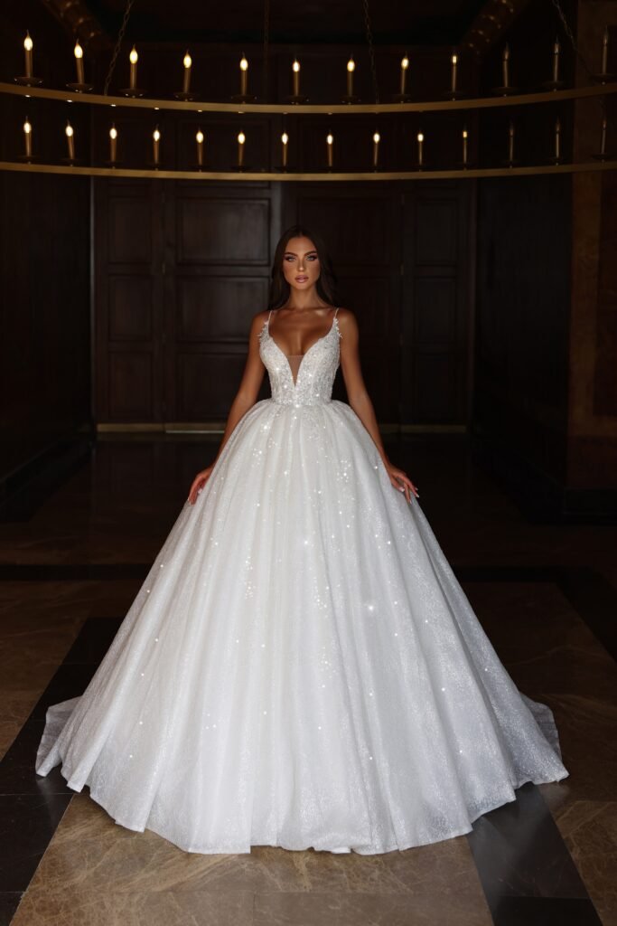 Glittering Sequin Ball Gown Wedding Dress with Plunge V-Neck