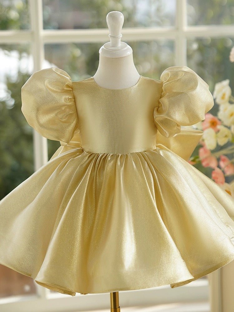 Gold Flower Girl Dress with Puffed Sleeves and Satin Bow – Plus Size