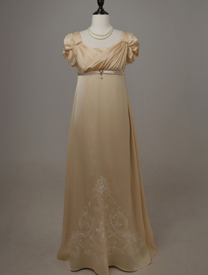Gold Regency Era Dress with Elegant Embroidery - Custom Regency Dress with Puff Sleeves and Pearl Detailing Plus Size Size 20W / Gold / with Cape Gold Regency Era Dress with Elegant Embroidery - Custom Regency Dress with Puff Sleeves and Pearl Detailing Plus Size Size 20W / Gold / with Cape