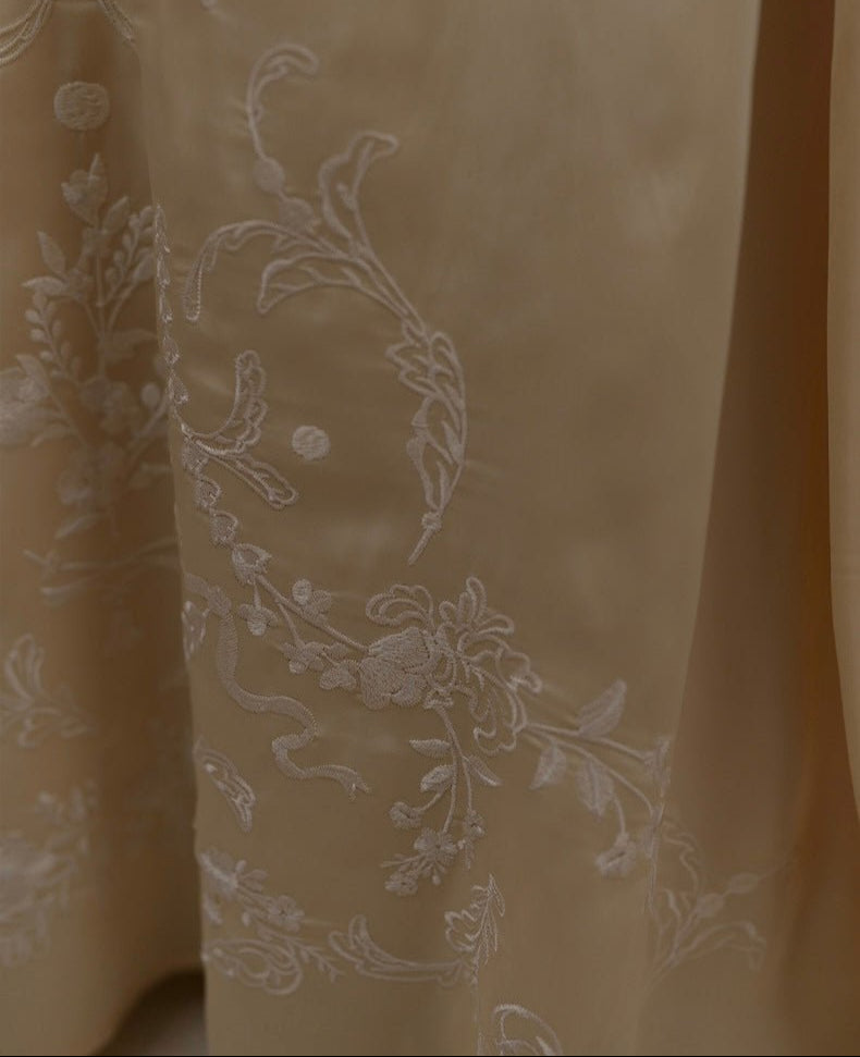 Gold Regency Era Dress with Elegant Embroidery - Custom Regency Dress with Puff Sleeves and Pearl Detailing Plus Size - WonderlandByLilian