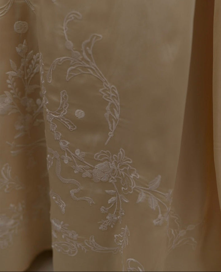 Gold Regency Era Dress with Elegant Embroidery - Custom Regency Dress with Puff Sleeves and Pearl Detailing Plus Size - WonderlandByLilian