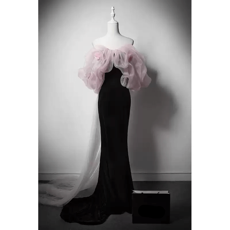 Gothic Black Mermaid Dress Evening Gown with Pink Tulle Puff Sleeves - Elegant Off-Shoulder Dress Plus Size Size 10 / Black Gothic Black Mermaid Dress Evening Gown with Pink Tulle Puff Sleeves - Elegant Off-Shoulder Dress Plus Size Size 10 / Black