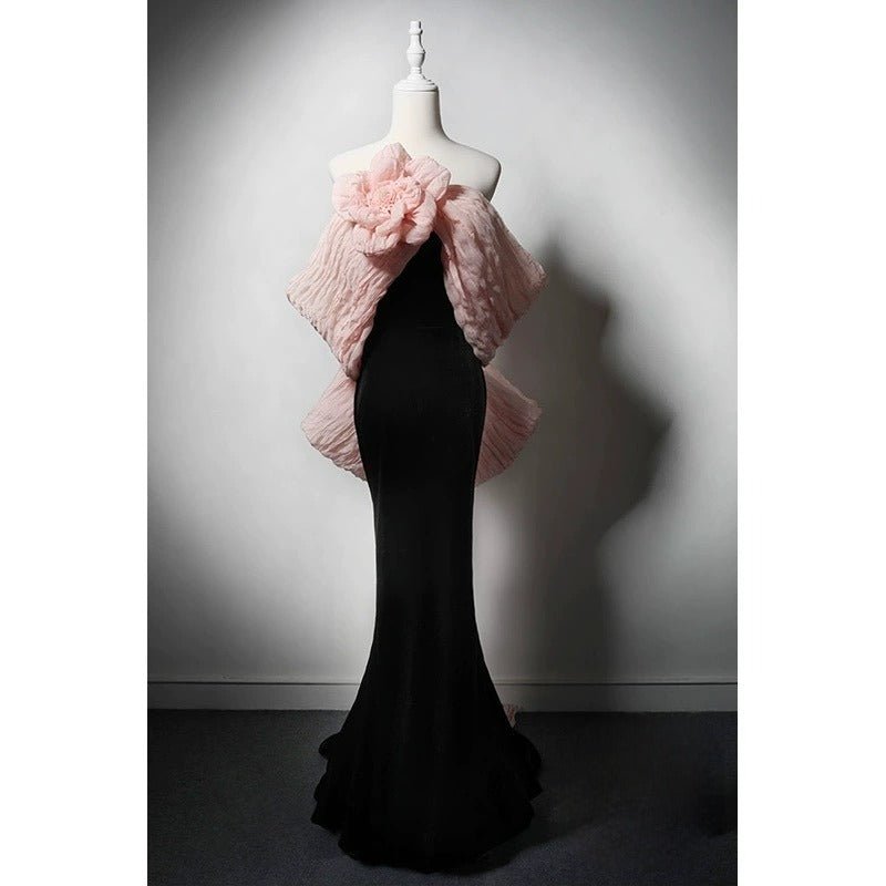 Gothic Black Mermaid Evening Dress with Pink Floral - Elegant Black Ev WonderlandByLilian Gothic Black Mermaid Evening Dress with Pink Floral - Elegant Black Ev WonderlandByLilian