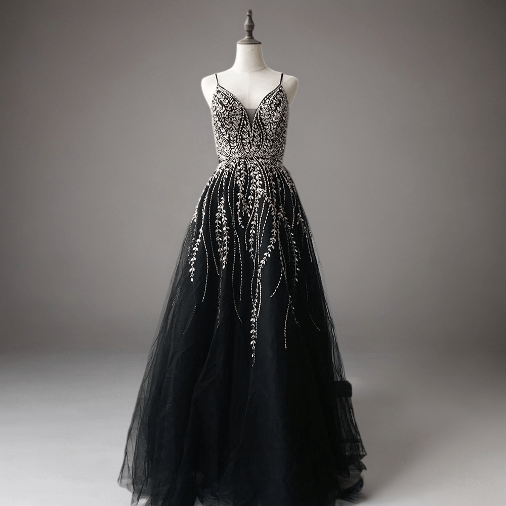 red and black dress for women Gothic Black Sequin and Tulle Evening Gown