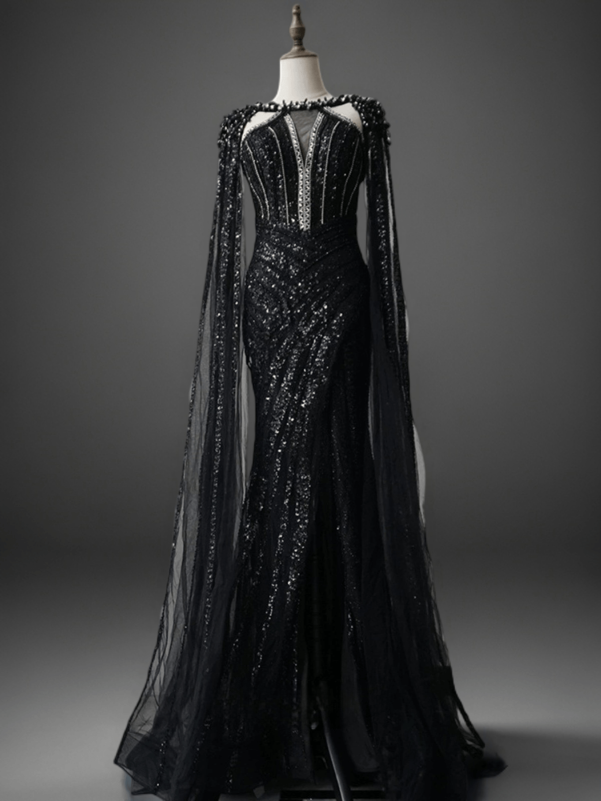 Gothic Black Sequin Evening Dress with Long Cape Sleeves - Black Beaded Gown Plus Size Size 16W / Black Gothic Black Sequin Evening Dress with Long Cape Sleeves - Black Beaded Gown Plus Size Size 16W / Black