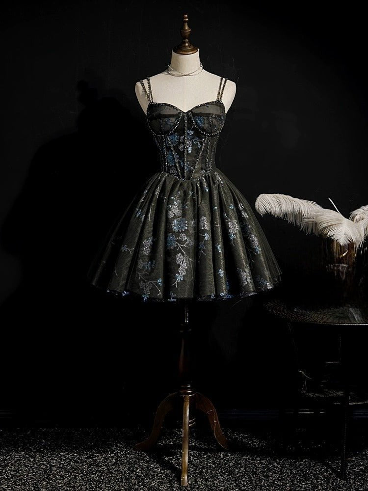Gothic Black Short Wedding Party Dress - Floral Embroidered Corset Party Dress