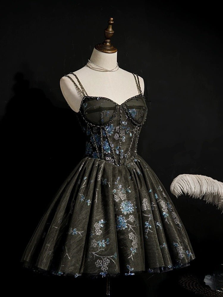 Gothic Black Short Wedding Party Dress - Floral Embroidered Corset Party Dress - Gothic Evening Gown Plus Size - WonderlandByLilian