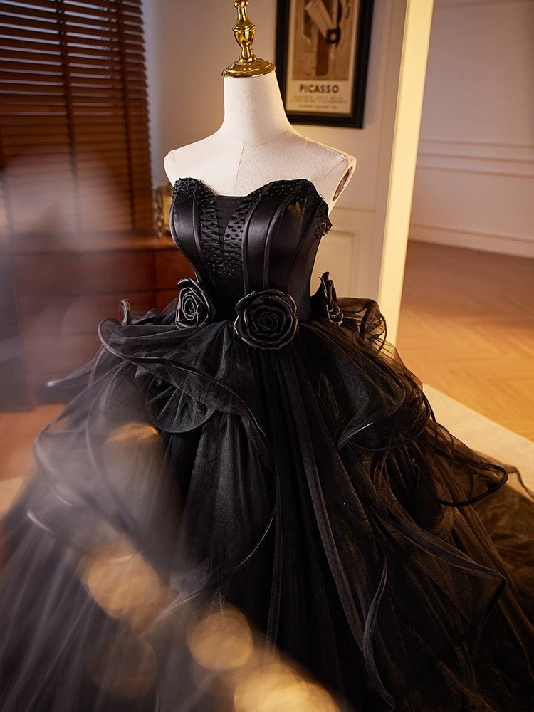 Gothic Black Tulle Ball Gown - Elegant Corset Back Wedding Dress with Floral Accents Plus Size - WonderlandByLilian