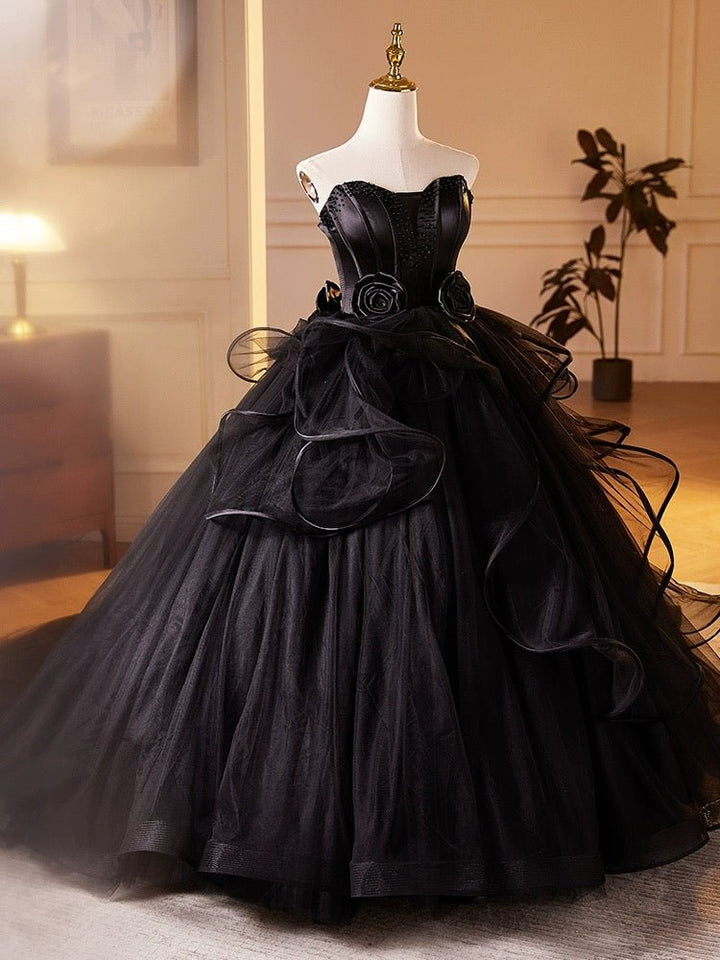 Gothic Black Tulle Ball Gown - Elegant Corset Back Wedding Dress with Floral Accents Plus Size - WonderlandByLilian