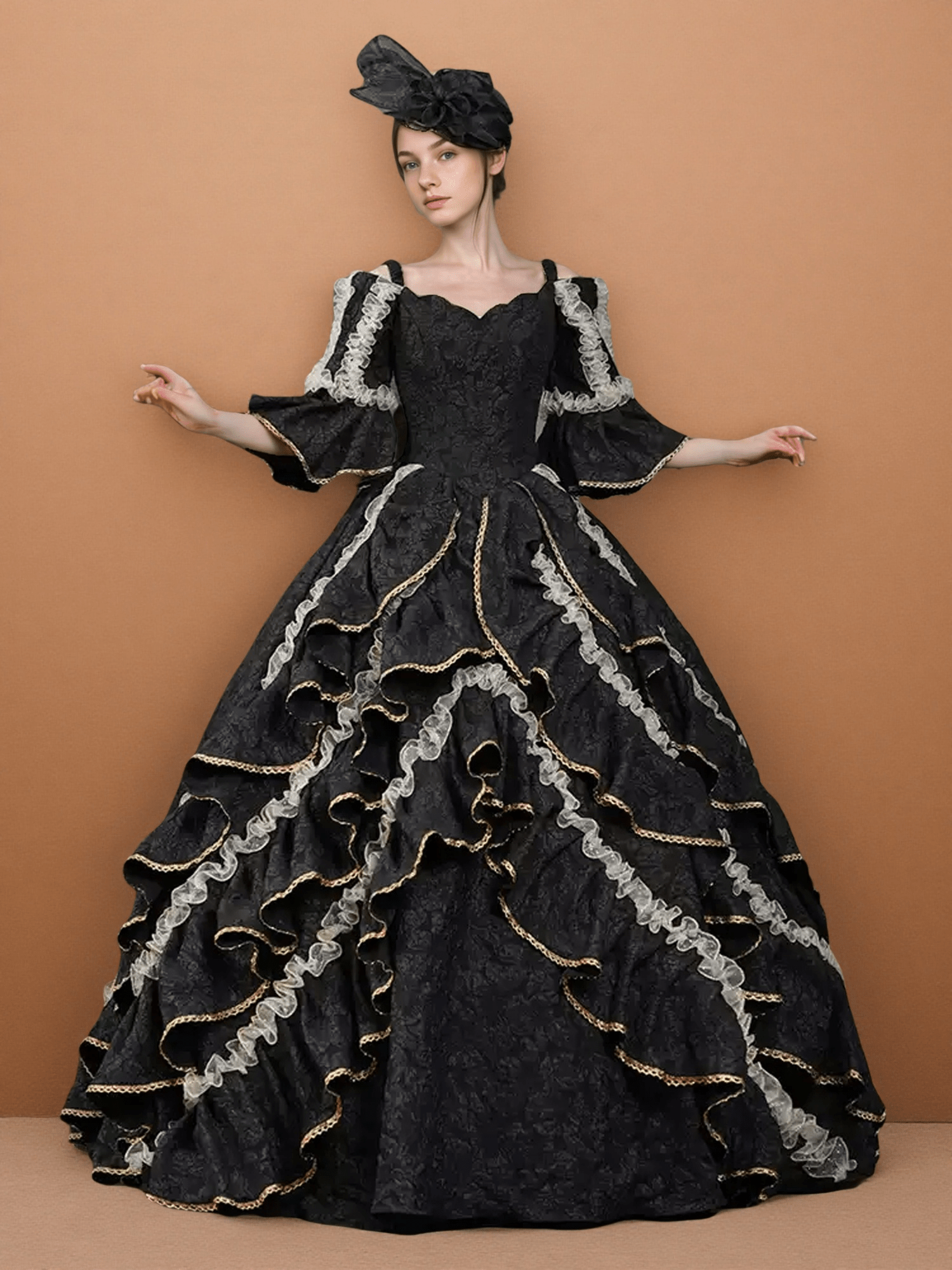 vintage victorian dresses Gothic Black Victorian Ball Gown with Ruffle Cape – Vintage Court Dress with Lace Trim and Statement Hat Size 26W / Black