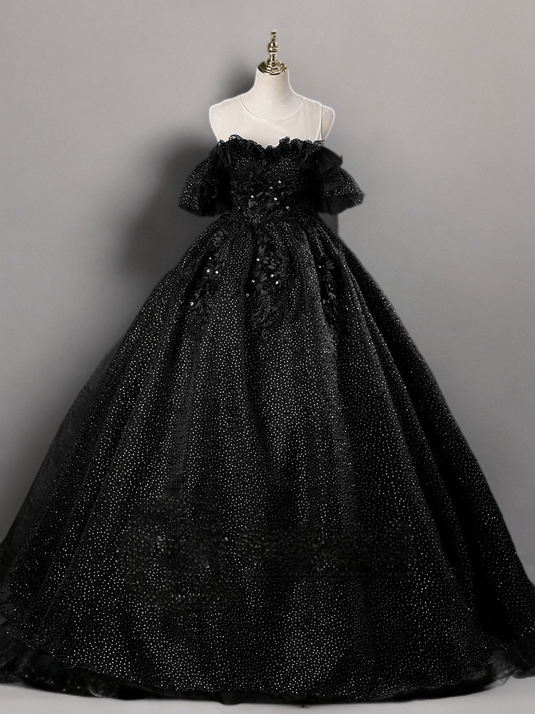 Gothic Black Wedding Dress with Beaded Ruffle Shoulders - Black Sequin WonderlandByLilian Gothic Black Wedding Dress with Beaded Ruffle Shoulders - Black Sequin WonderlandByLilian