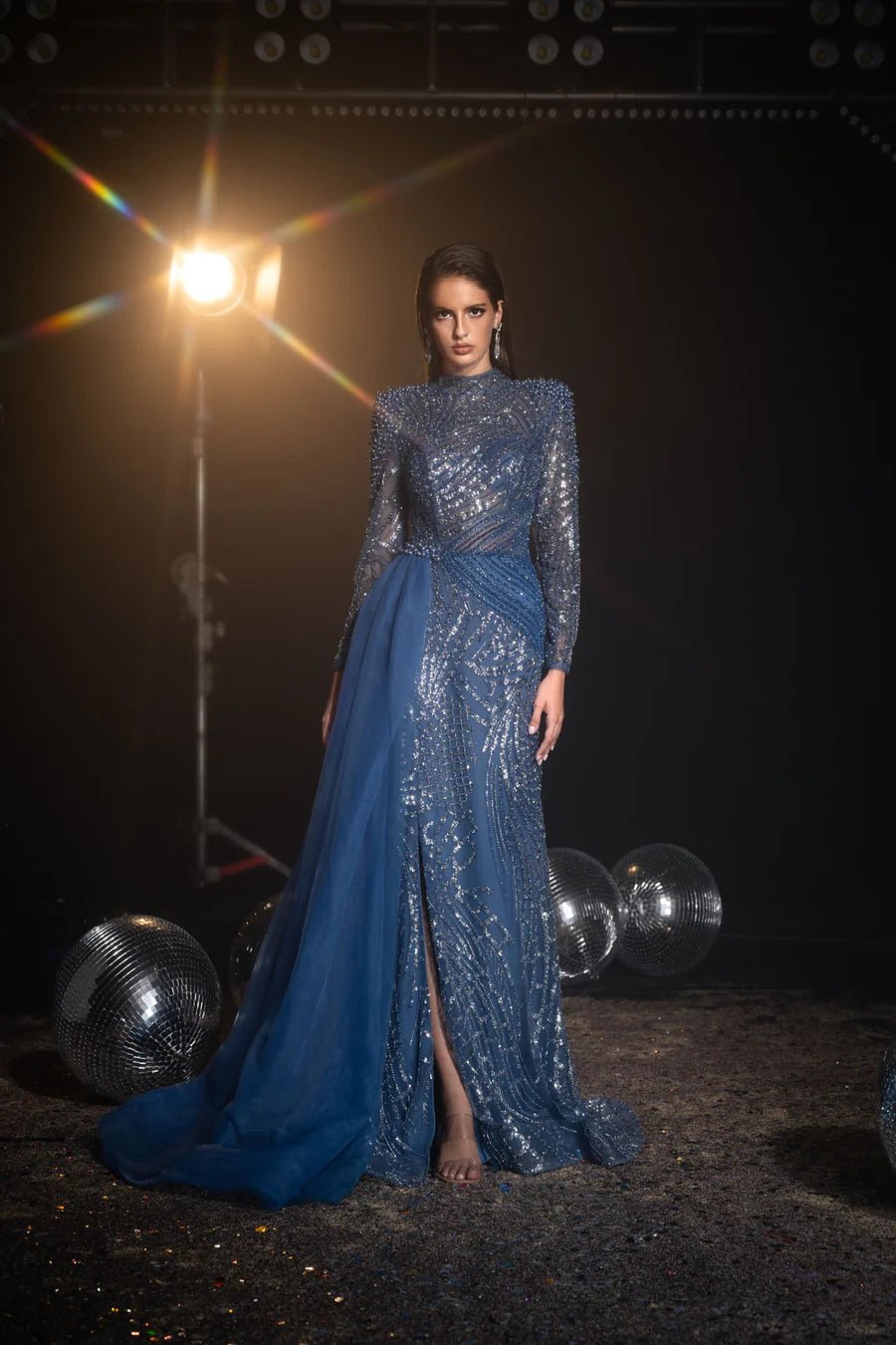 Gothic Blue Sequin Evening Gown with Long Sleeves and Cape Overlay Dre –  WonderlandByLilian