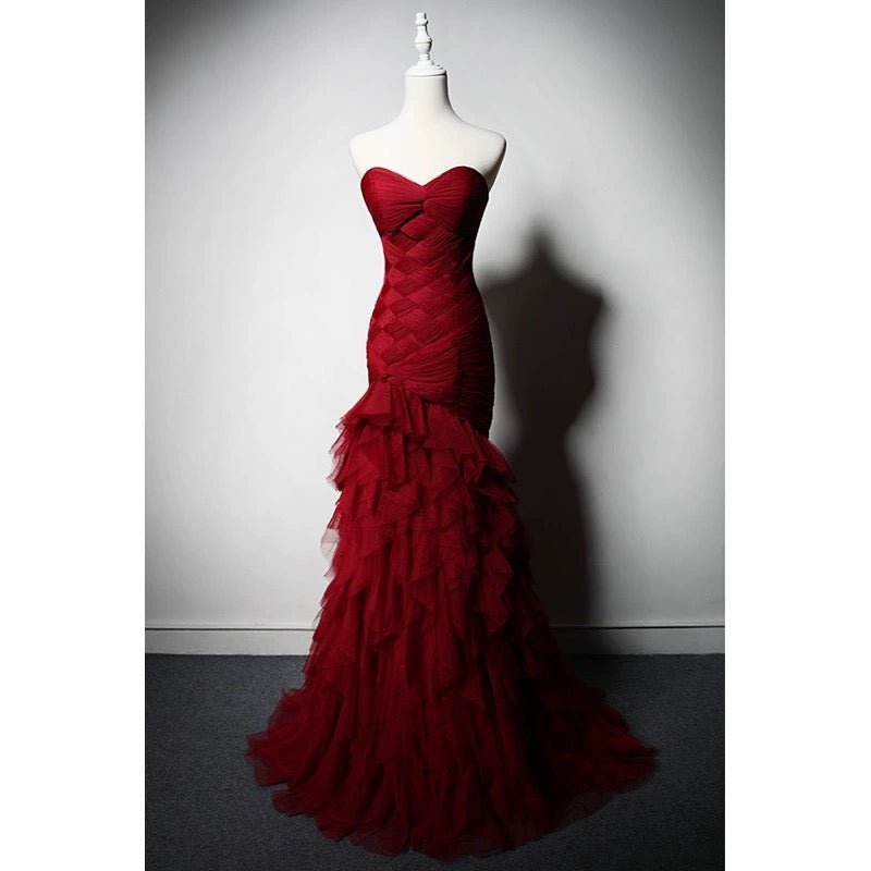 Gothic Burgundy Mermaid Wedding Dress with Ruffled Tulle