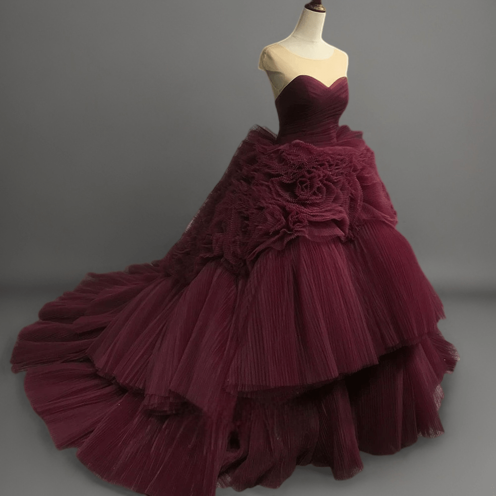 Gothic Burgundy Tiered Tulle Wedding Dress with Floral Appliqu - Elegant Corset Back Tiered Gown Plus Size Size 10 / Red Gothic Burgundy Tiered Tulle Wedding Dress with Floral Appliqu - Elegant Corset Back Tiered Gown Plus Size Size 10 / Red