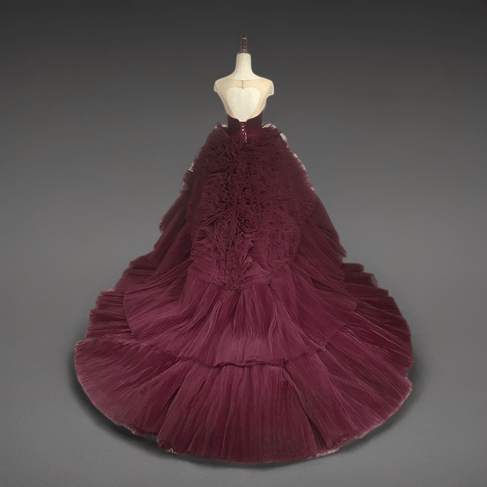 Gothic Burgundy Tiered Tulle Wedding Dress with Floral Appliqué - Elegant Corset Back Tiered Gown Plus Size - WonderlandByLilian