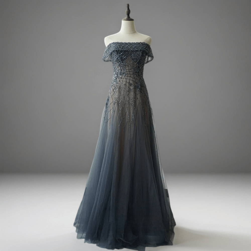 Gothic Charcoal Grey Off-Shoulder Tulle Evening Gown