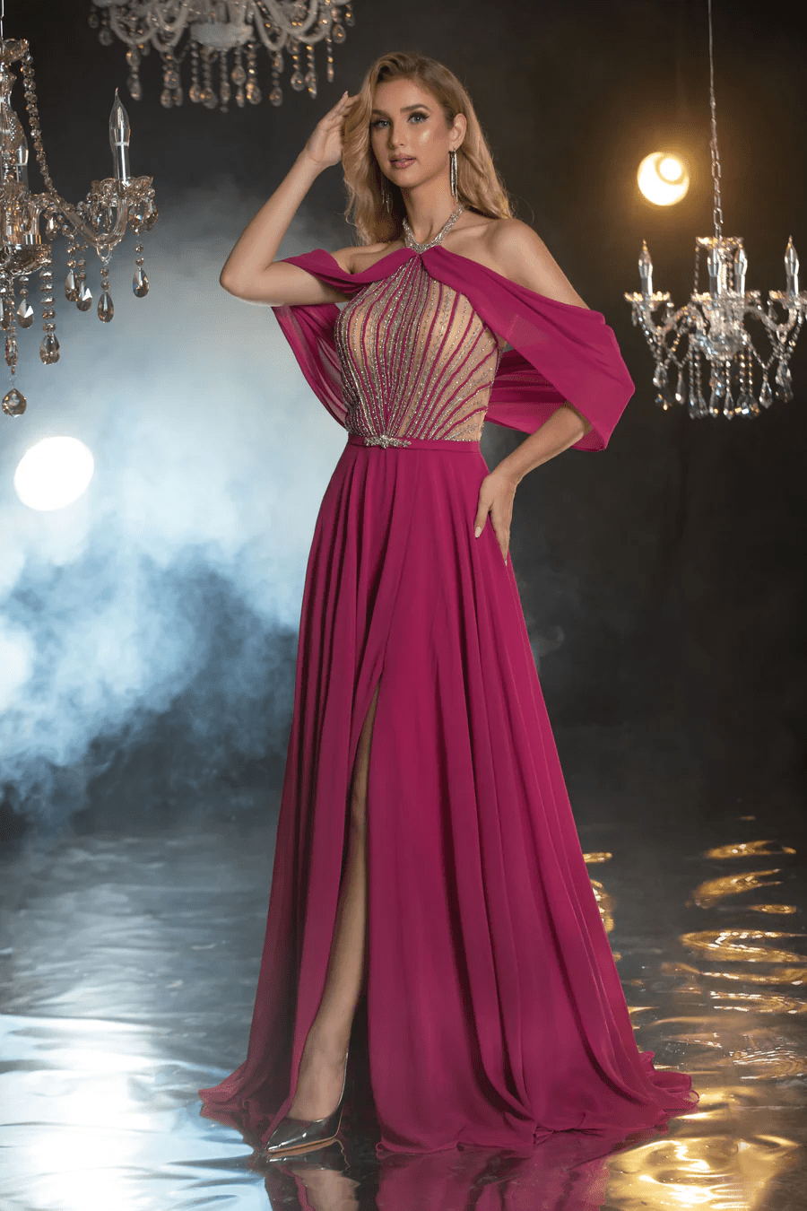 Gothic Fuchsia Sequin Evening Gown with Draped Cape and High Slit