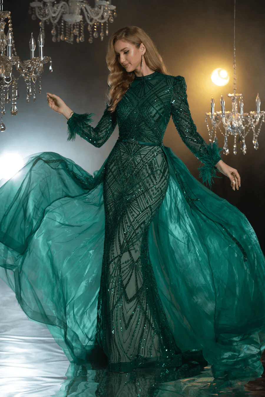 Gothic Green Sequin Evening Gown with Long Sleeves - Convertible Sequin and Feather Dress and Designer Sequin Gown Plus Size US 12 / Green Gothic Green Sequin Evening Gown with Long Sleeves - Convertible Sequin and Feather Dress and Designer Sequin Gown Plus Size US 12 / Green