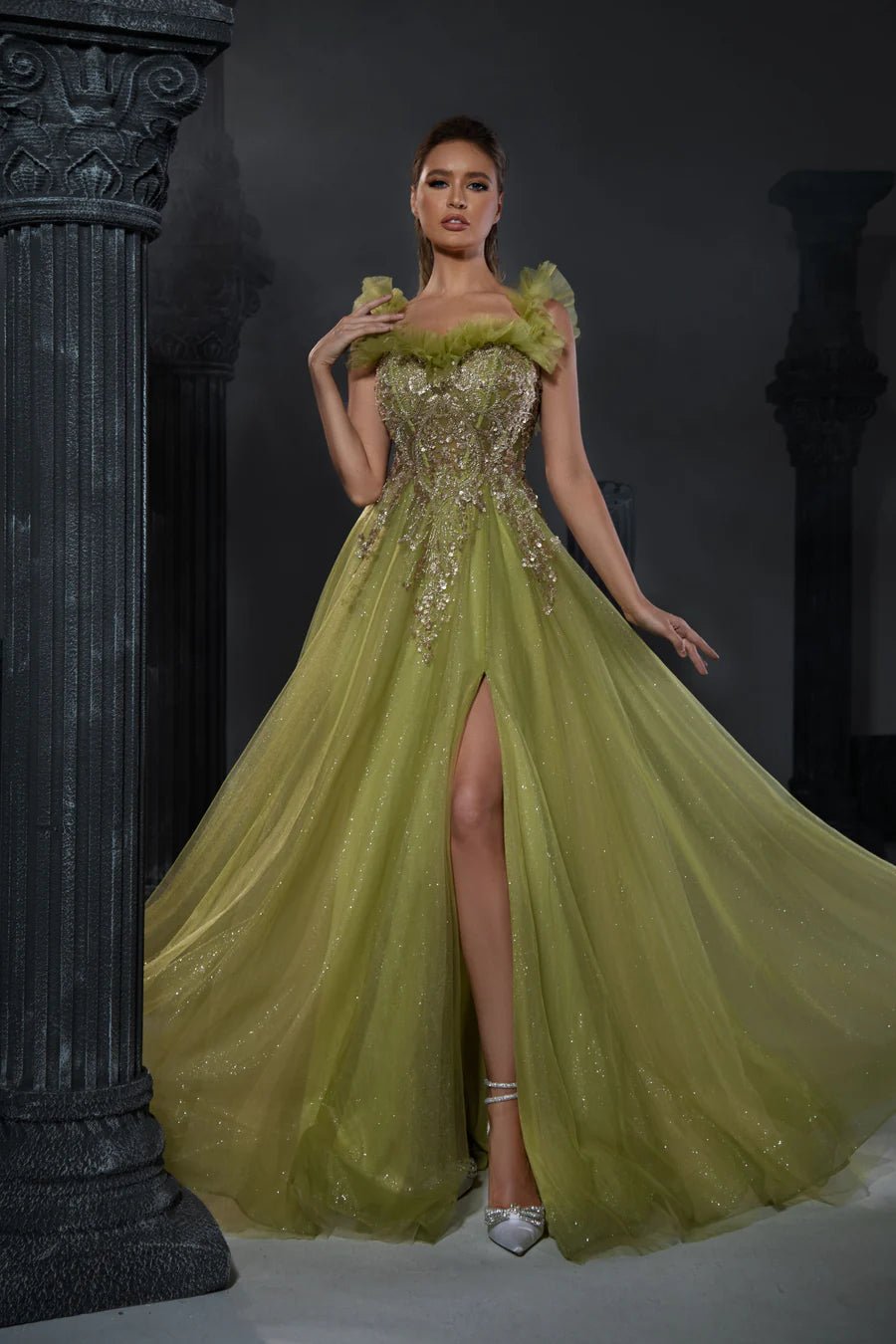Gothic Green Sequin Evening Gown with Ruffled Off-Shoulder Design and WonderlandByLilian Gothic Green Sequin Evening Gown with Ruffled Off-Shoulder Design and WonderlandByLilian