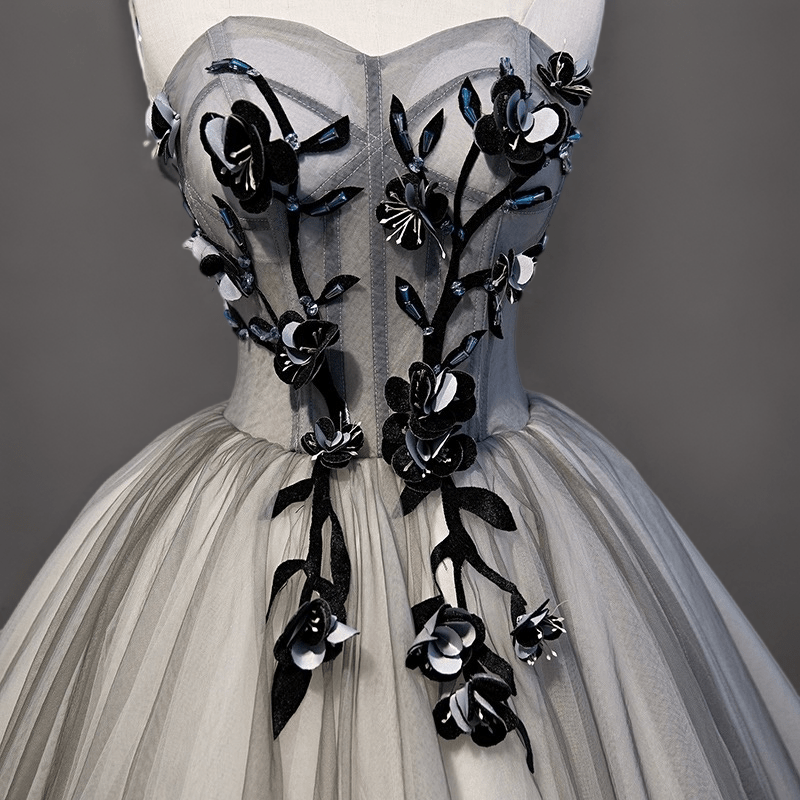 Gothic Grey and Black Short Wedding Party Dress - Floral Embroidered Tulle Dress - Strapless Corset Bridal Gown Plus Size - WonderlandByLilian