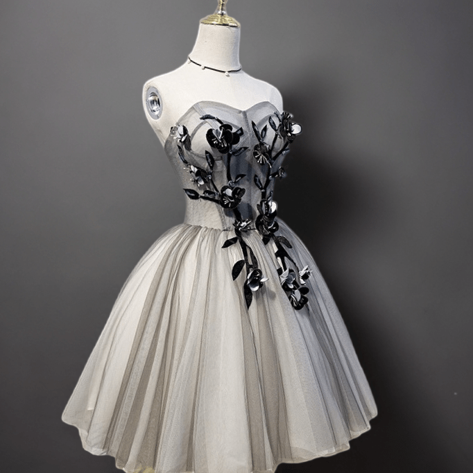 Gothic Grey and Black Short Wedding Party Dress - Floral Embroidered Tulle Dress - Strapless Corset Bridal Gown Plus Size - WonderlandByLilian